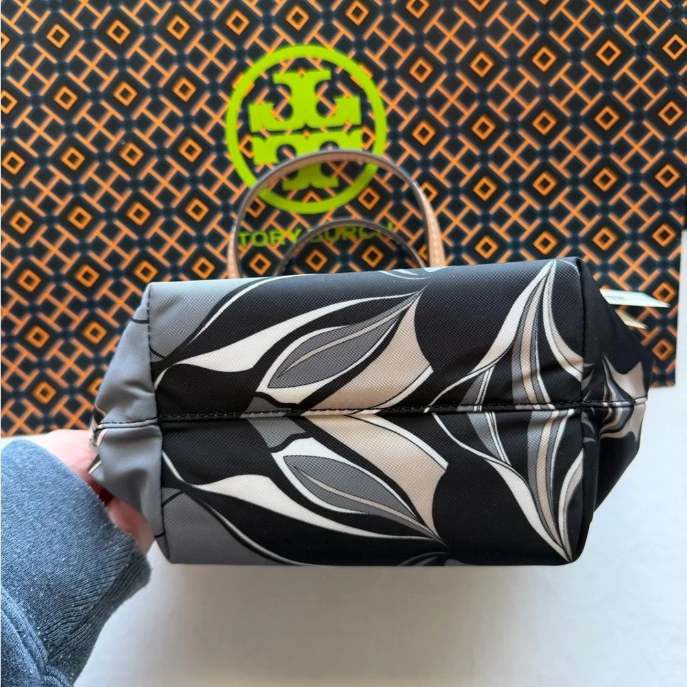 Tory Burch Nylon Printed Mini Tote Bag Crossbody Bag Black Twisty Flower Ella